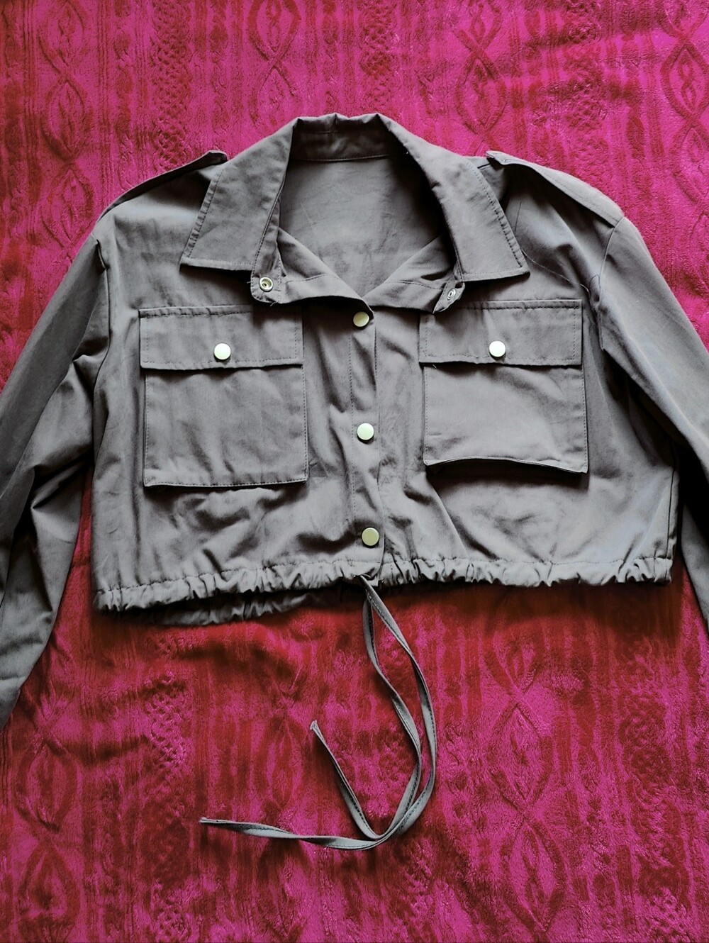 Cropped Utility Jacket in Charcoal Gray - Lightweight Drawstring Shacket One Sz